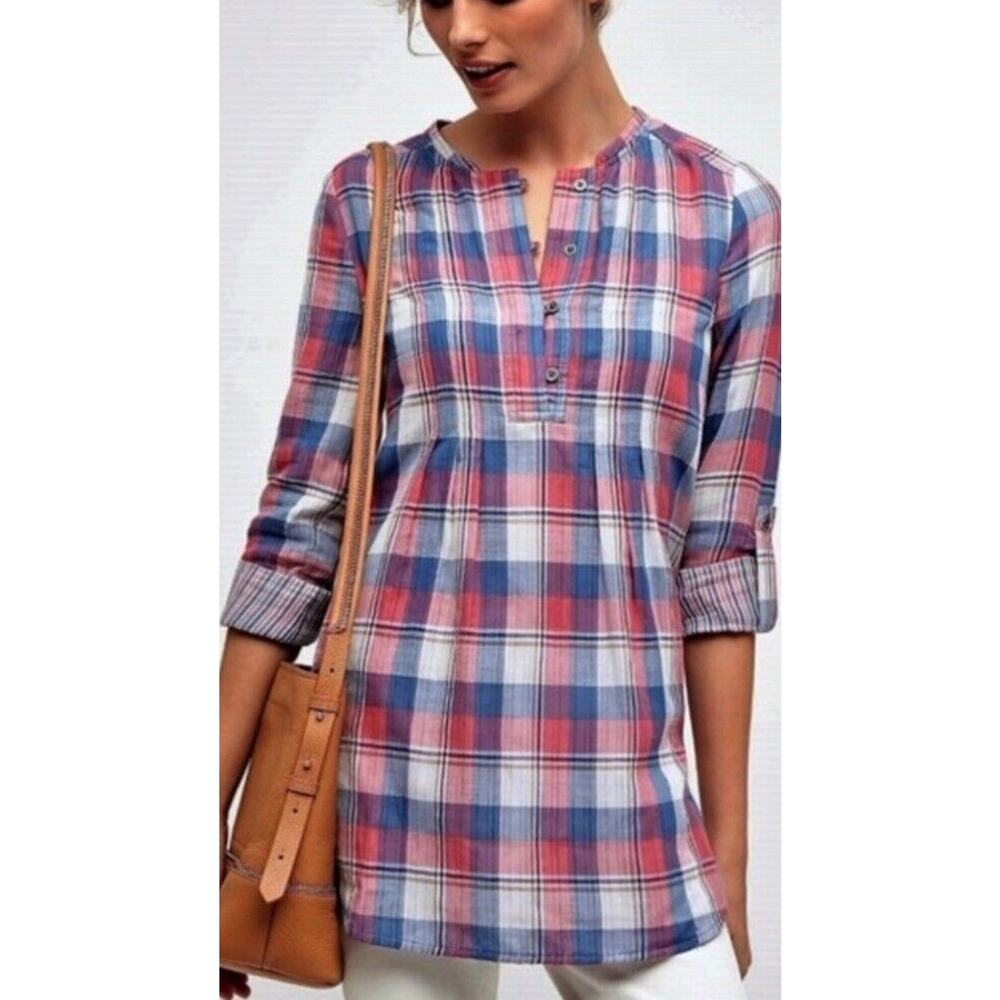 Anthropologie Holding‎ Horses Plaid Tunic Top Popover Size 0 Pink Blue Western